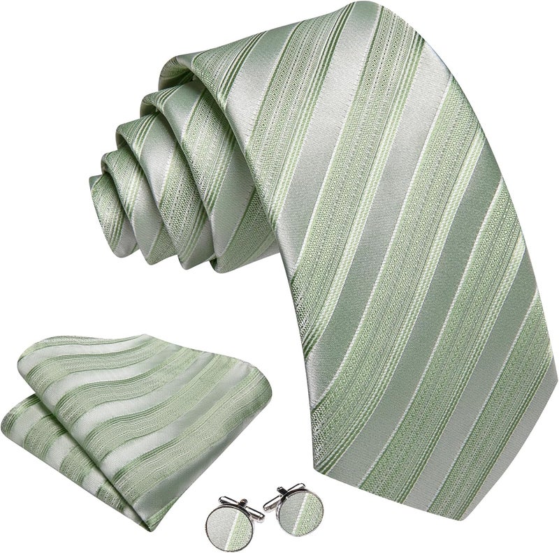 Barry.Wang Store Tie Sets for Men Silk Stripe Necktie Woven Checkered Handkerchief Cufflinks Formal Business Wedding - Image 2